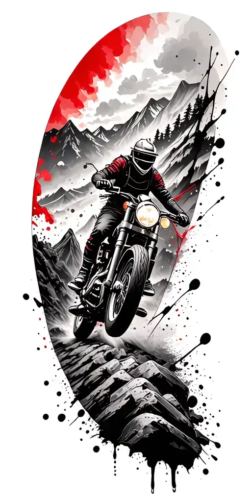 A black-grey tattoo of a mountain landscape with a samurai warrior on a motorcycle navigating through the terrain tattoo design idea