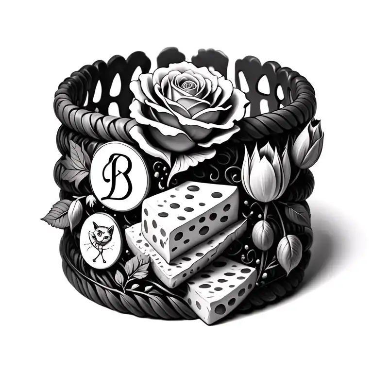 Bracelet with small icons, rose, letter and, tulip, cheese, cat tattoo design idea