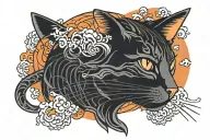 full neck tattoo of a cat looking sideways with the full moon behind and black lines in the background and orange clouds tattoo design idea