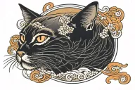 full neck tattoo of a cat looking sideways with the full moon behind and black lines in the background and orange clouds tattoo design idea