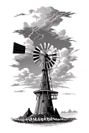 windmill surrounded by cotton with thunderstorm overhead and mountains in background tattoo design idea