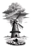 windmill surrounded by cotton with thunderstorm overhead and mountains in background tattoo design idea