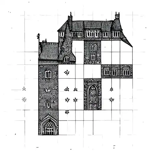 Top down view of an exact replica of a half city carcassone tile, done in blackwork stippling tattoo style tattoo design idea