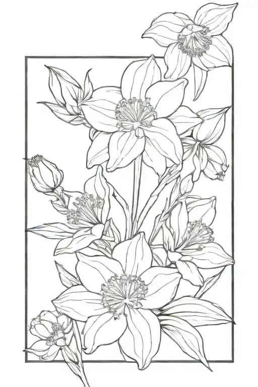 A bouquet of daffodil, daisy, and a poppy combined with a bow at the stems of the flowers, Add in nature, nature animals tattoo design idea