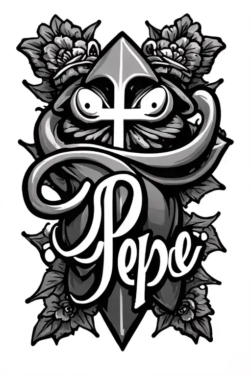 Cross and Pepe name written tattoo design idea