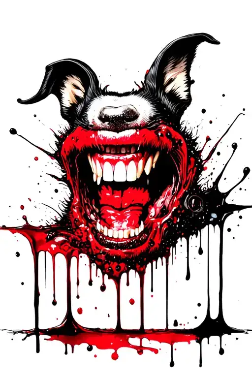 Holland's herder, gloomy teeth shows with a downcoming saliva on the teeth. Style is dark tattoo design idea