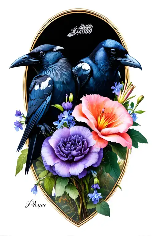 Two ravens perched on carnations, lily, rose, larkspur, and poppy tattoo design idea