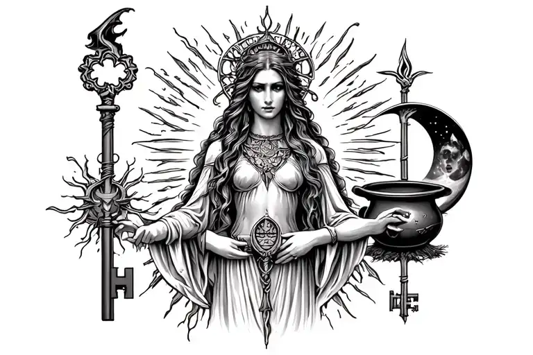hecate goddess surrounded by key, torch, cauldron, broom, witches hat and sun and moon tarot cards tattoo design idea