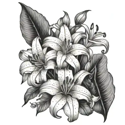 A black and white tattoo design with 1 tiger lily in the middle and 2 lily of the valley on each side  tattoo design idea