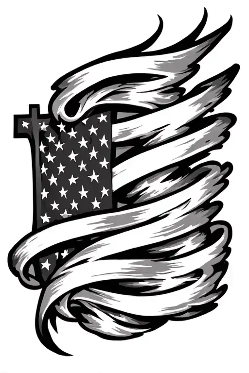 cross with tribal spiraling down and American flag tattoo design idea