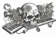 skull roses fire dj controller keyboard merging tattoo design idea