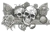 skull roses fire dj controller keyboard merging tattoo design idea