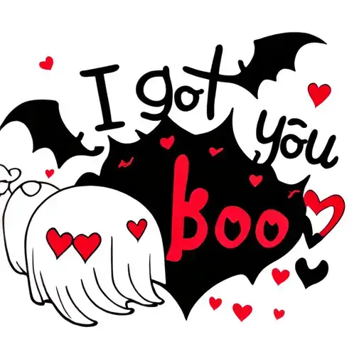 "I got you boo" two ghosts with red heart eyes and a frame of red hearts and black bats. tattoo design idea