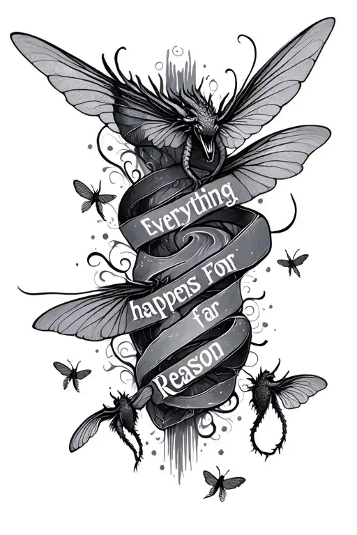 fine line on the spine spelling " everything happens for a reason" with dragon flys wrapping around  tattoo design idea