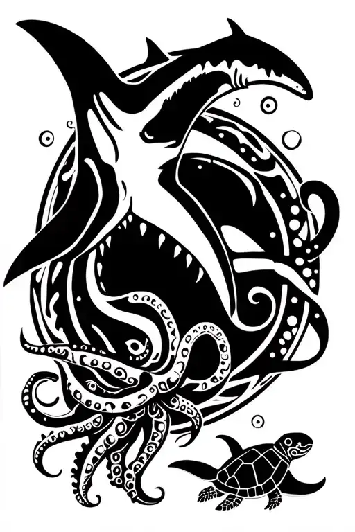 hammerhead shark with manta ray, octopus, and turtle inside  tattoo design idea