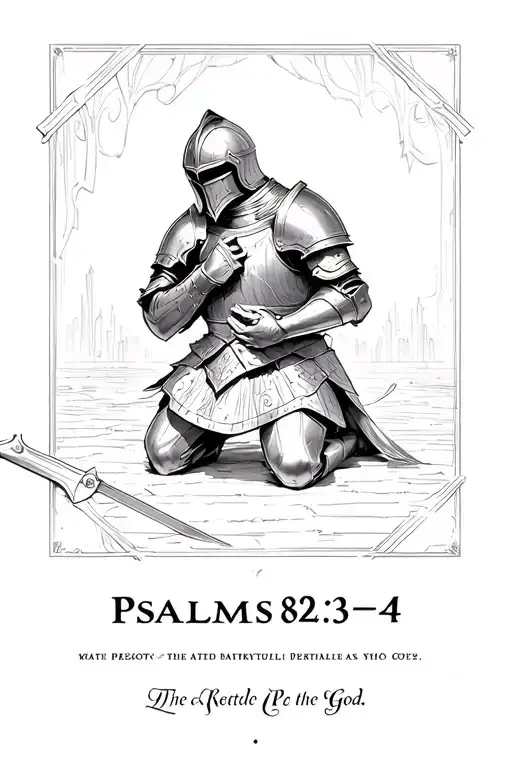 "Psalms 82:3-4 " "Psalms 82:3-4 "  At the center, a valiant knight in detailed, battle-worn armor kneels in solemn prayer before God. His helmet is remove tattoo design idea