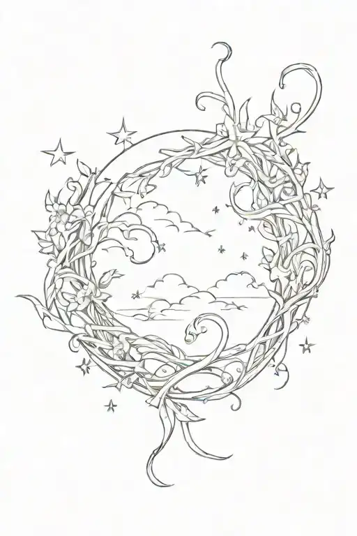 Tendril Vines, stars, ocean, sea, fine line tattoo tattoo design idea
