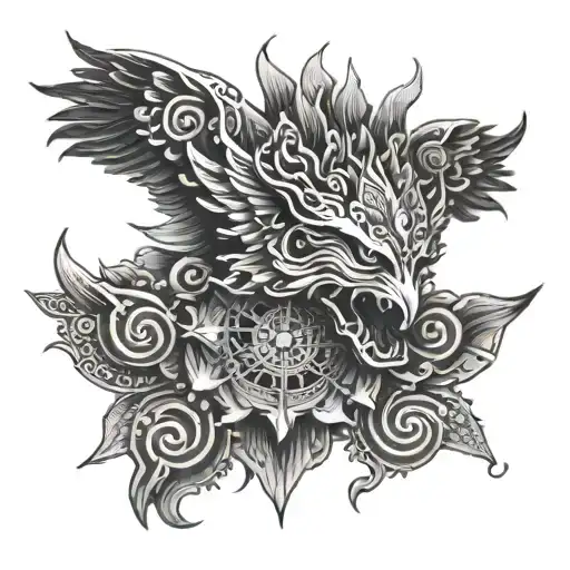 a spirited Garuda with Sanskrit mantra & compass tattoo design idea