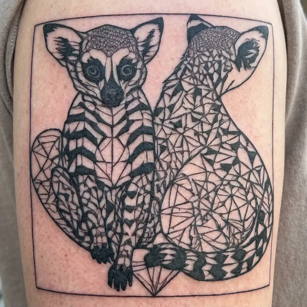 two lemurs, whose tails make a heart with initials inside tattoo design idea