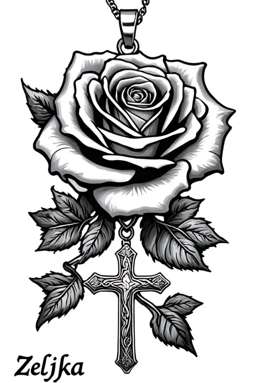 "Zeljka" name + rose + Christian cross necklace tattoo design idea