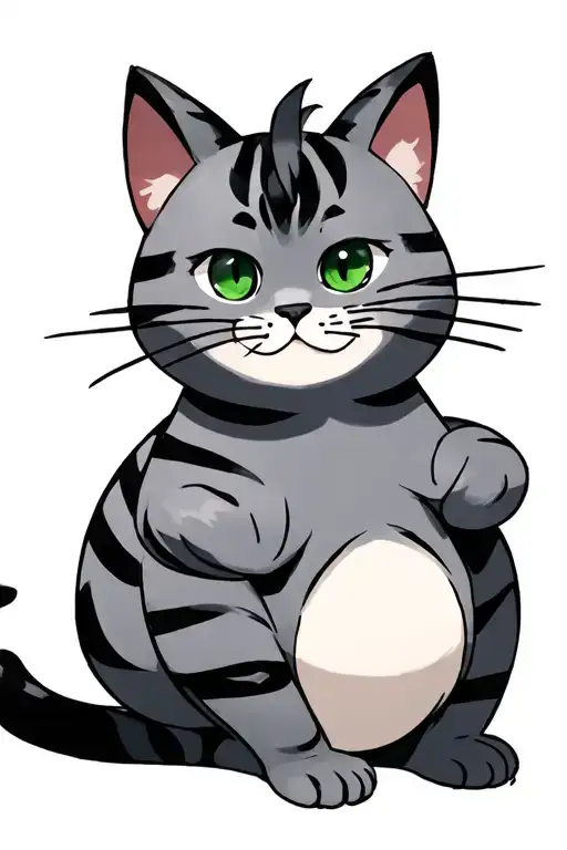 a grey striped cat, she's a little fat and has a white stomach. She also has green eyes and stripes near her eyes that l tattoo design idea