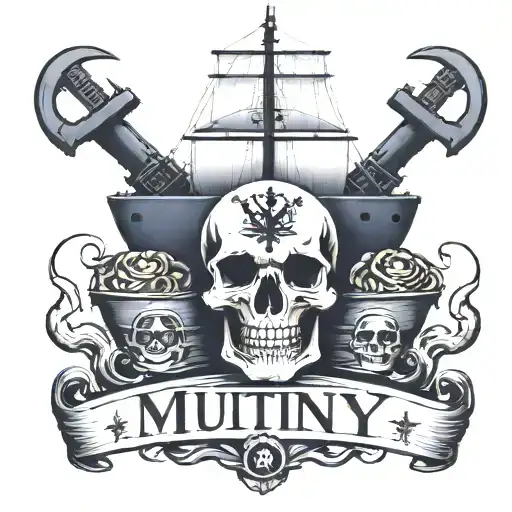 big container ship with stacks of containers with a skull and anchor below and with text below that says "mutiny" tattoo design idea