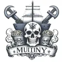 big container ship with stacks of containers with a skull and anchor below and with text below that says "mutiny" tattoo design idea