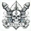 big container ship with stacks of containers with a skull and anchor below and with text below that says "mutiny" tattoo design idea