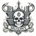big container ship with stacks of containers with a skull and anchor below and with text below that says "mutiny" tattoo design idea