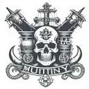 big container ship with stacks of containers with a skull and anchor below and with text below that says "mutiny" tattoo design idea