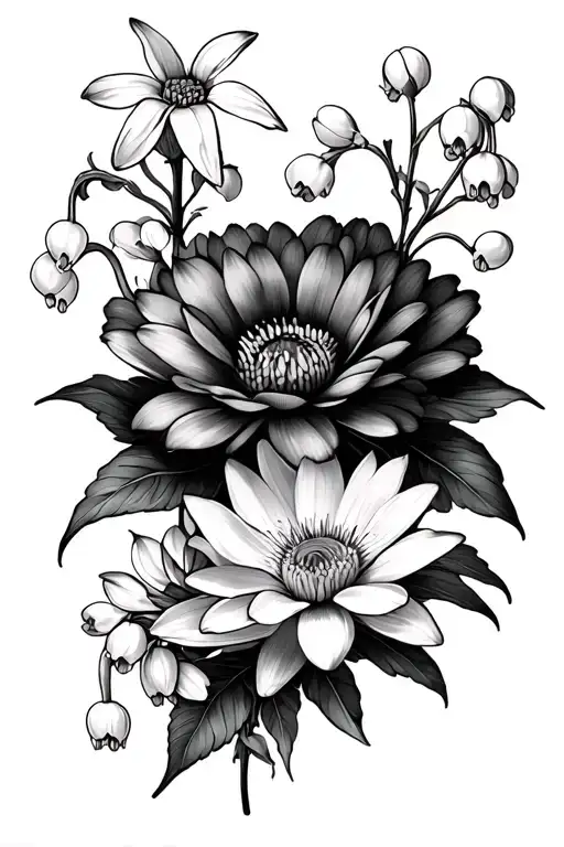 carnation, daisy, narcissus, lily of the valley and waterlilly tattoo design idea