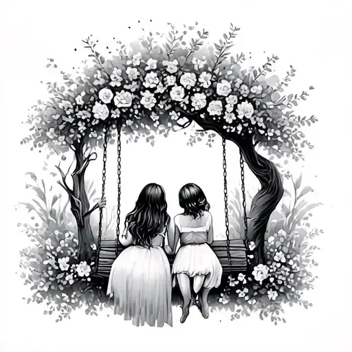 back view of two sisters on a swing with flowers and a tree tattoo design idea