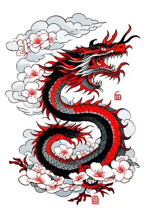 Neo-Japanese style- dragon wrap around- Japanese pagoda- sakura-clouds White and red theme, full arm tattoo tattoo design idea