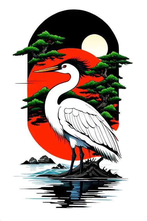 Japanese water crane with pine tree and sun tattoo design idea