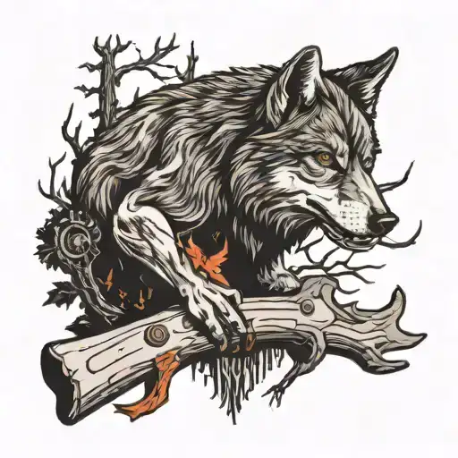 a wolf and a forest in front of him a stump in the middle and a chainsaw on it tattoo design idea