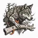 a wolf and a forest in front of him a stump in the middle and a chainsaw on it tattoo design idea