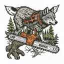 a wolf and a forest in front of him a stump in the middle and a chainsaw on it tattoo design idea