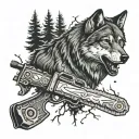 a wolf and a forest in front of him a stump in the middle and a chainsaw on it tattoo design idea
