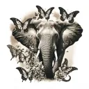 elephant and doves and butterflies flying towards the sun tattoo design idea
