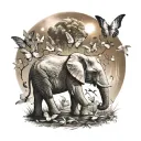 elephant and doves and butterflies flying towards the sun tattoo design idea