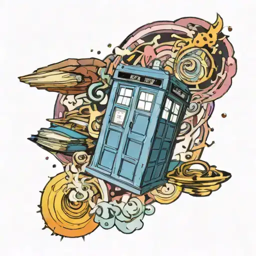 A stack of Doctor Who comic books with a new-school style background of swirling galaxies tattoo design idea