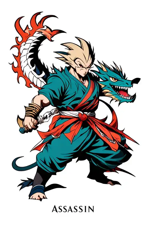 assasins creed logo and dragon ball morphing tattoo design idea