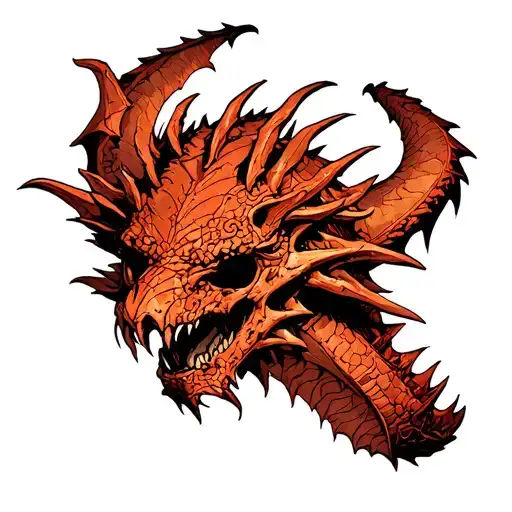 Give me a tattoo flash of Smaug’s skull as ancient battle-worn remains, stylised in heavy blackwork to match a Witch-kin tattoo design idea