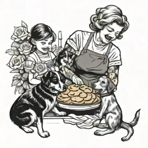 A tattoo design of a Nana baking cookies with her grandchildren, surrounded by roses and dogs in a cozy kitchen setting tattoo design idea