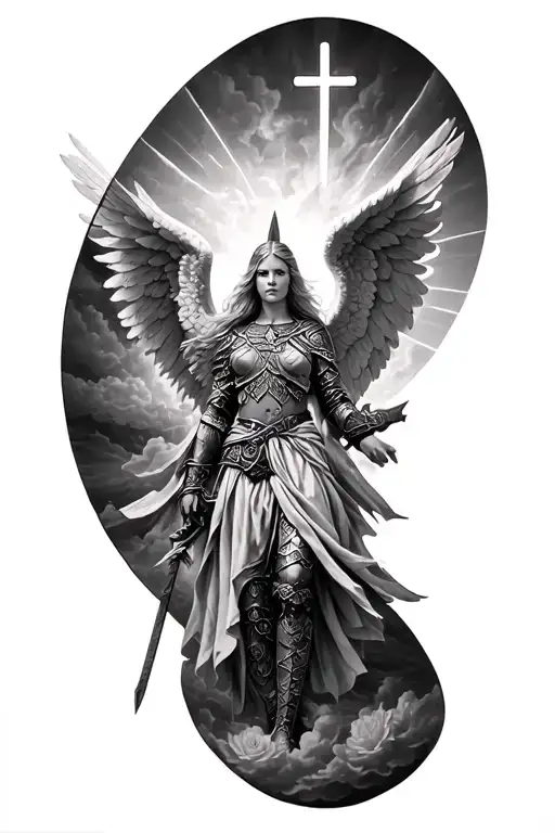 Meaningful warrior angel, Norse Valkyrie, clouds, rays, floral patterns, Norse cross tattoo design idea