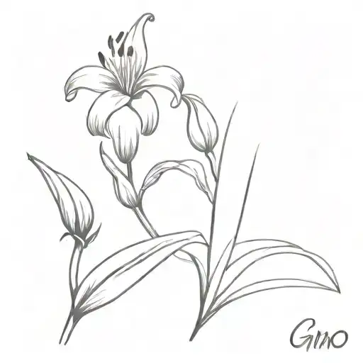 A stencil drawing in black and white of a lily in the valley, minimalist design, with the name “Gino” written in stem tattoo design idea
