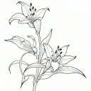 A stencil drawing in black and white of a lily in the valley, minimalist design, with the name “Gino” written in stem tattoo design idea