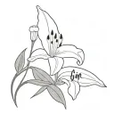 A stencil drawing in black and white of a lily in the valley, minimalist design, with the name “Gino” written in stem tattoo design idea