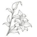 A stencil drawing in black and white of a lily in the valley, minimalist design, with the name “Gino” written in stem tattoo design idea