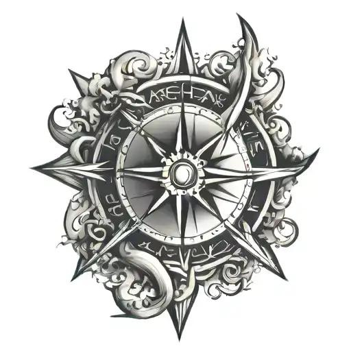 sun, moon and compass rose intertwined tattoo design idea